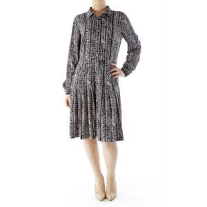Calvin Klein Collared Long Sleeve Pleated Dress - Size 6 - Black/Cream